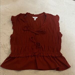 Time and Tru Rust Brown Ruffle Tie-Front Peplum Top